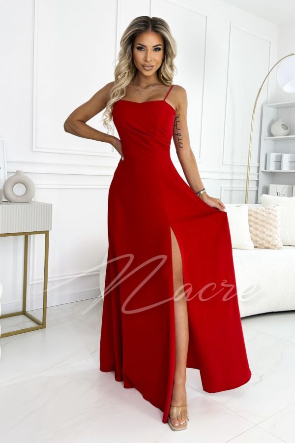 Red brocade corseted flared dress - Estela