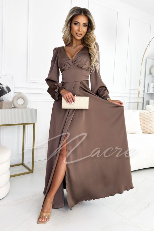 Brown satin dress with long sleeves - Ewelina