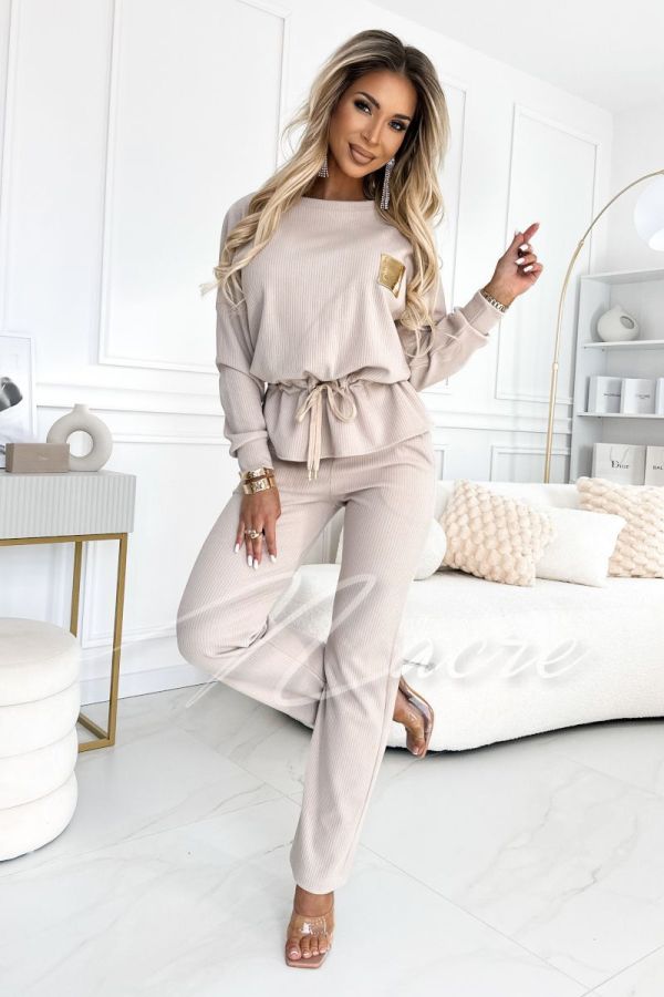 Hugi - women's striped cotton knit set with pants beige