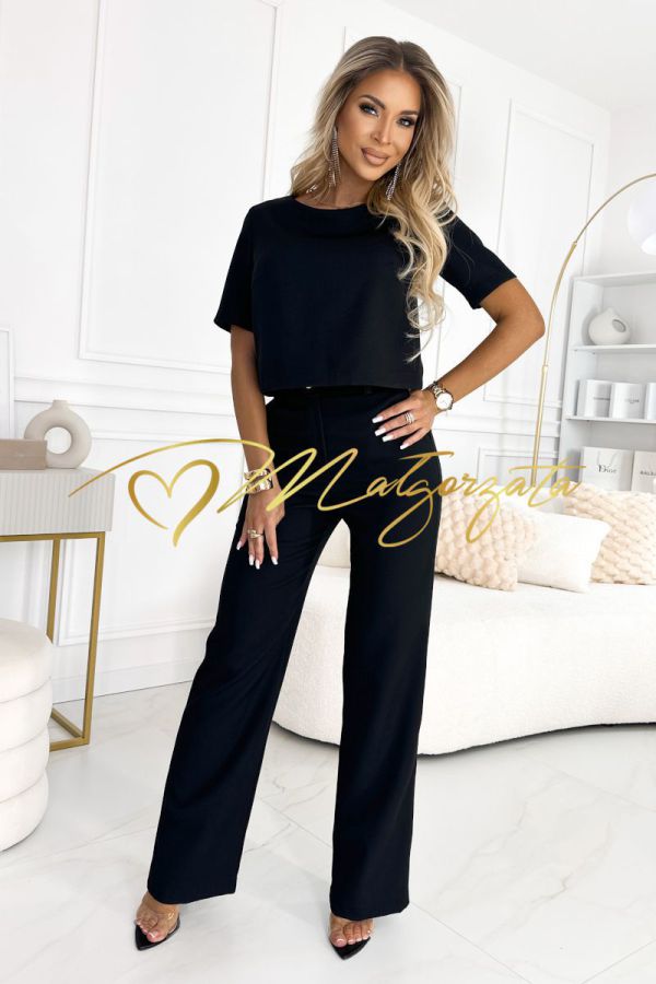 Jenny - komplet damski bluzka z rozszerzanymi spodniami czarna
