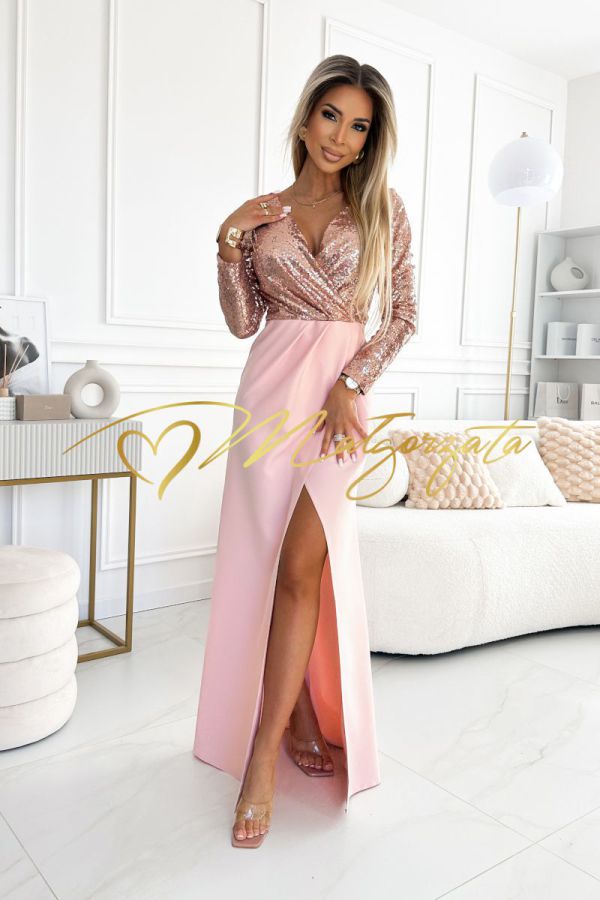 Liliana - sukienka z cekinami z długim rękawem różowe złoto