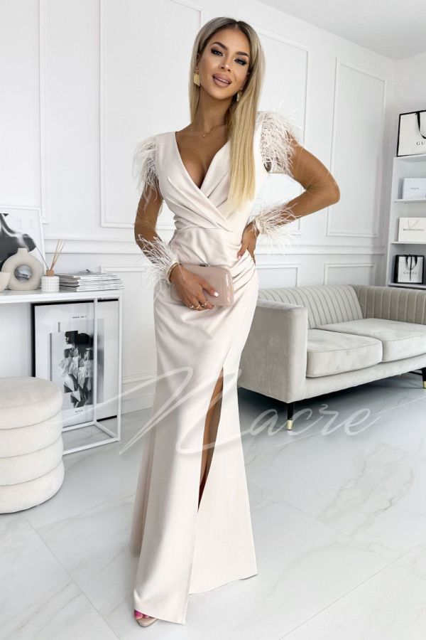 Beige long envelope dress with feathers - Cleo