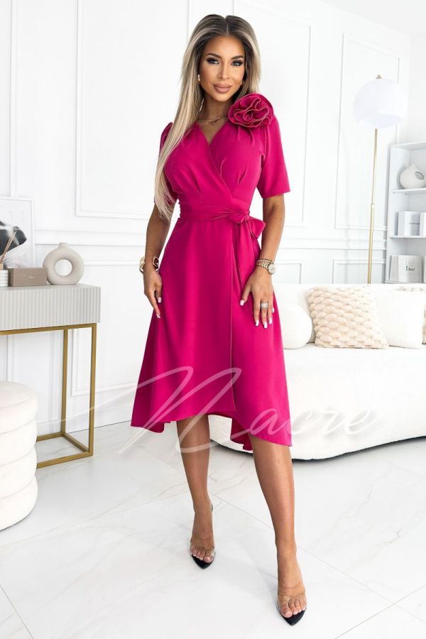 Fuchsia flared midi dress with rose - Pamela