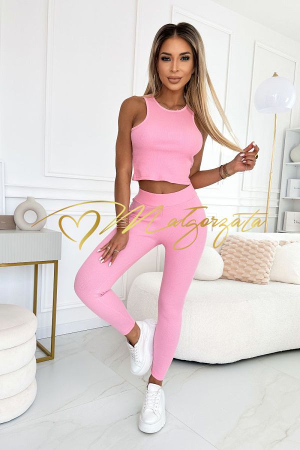 Komplet  damski trzyczęściowy | bluza, top i legginsy różowe - Chelo