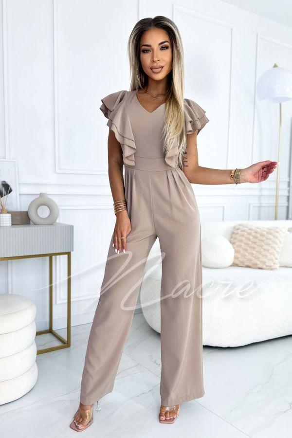 Fama - women's jumpsuit with frills and wide pants beige