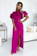 Fuchsia dress with Spanish neckline with feathers - Cloe