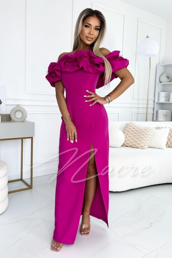 Fuchsia dress with Spanish neckline with feathers - Cloe