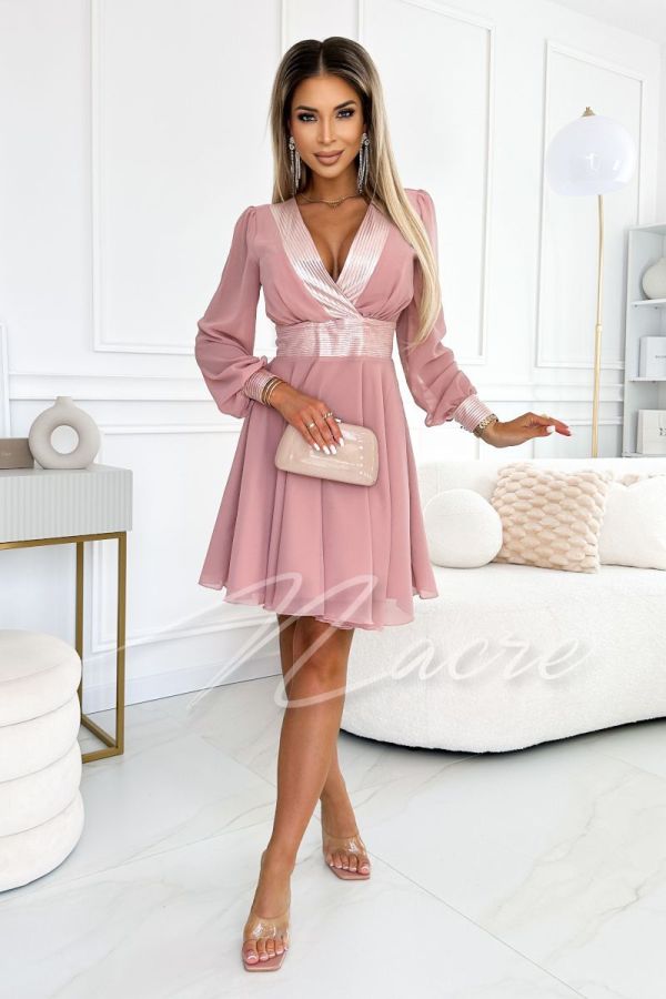 Powder pink short chiffon dress with long sleeves - Aida
