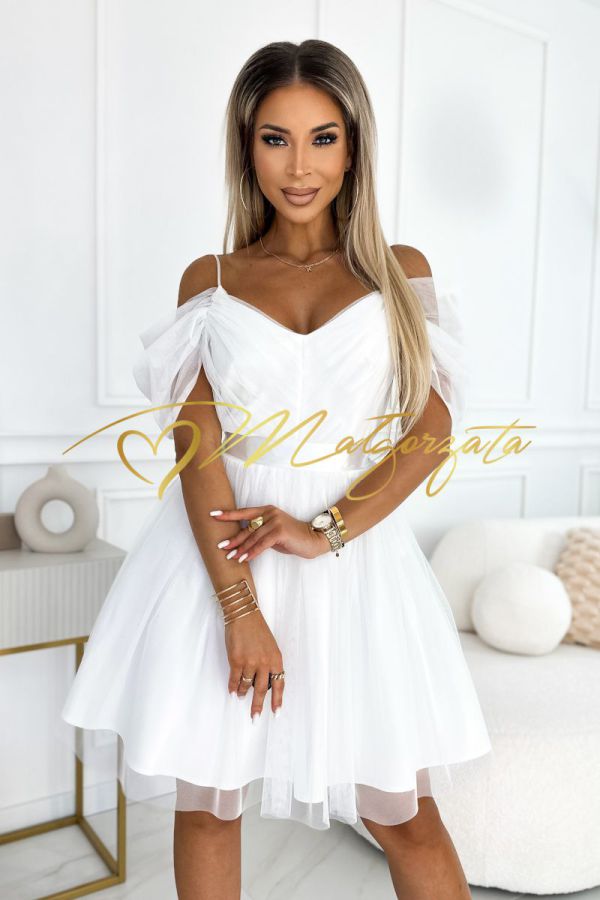 Almina - sukienka tiulowa mini z opadającymi ramionami biała