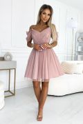 Almina - sukienka tiulowa mini z opadającymi ramionami różowa