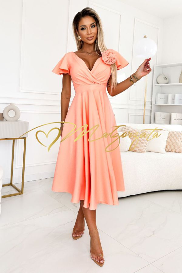 Emily - sukienka rozkloszowana midi z różą pomarańczowa