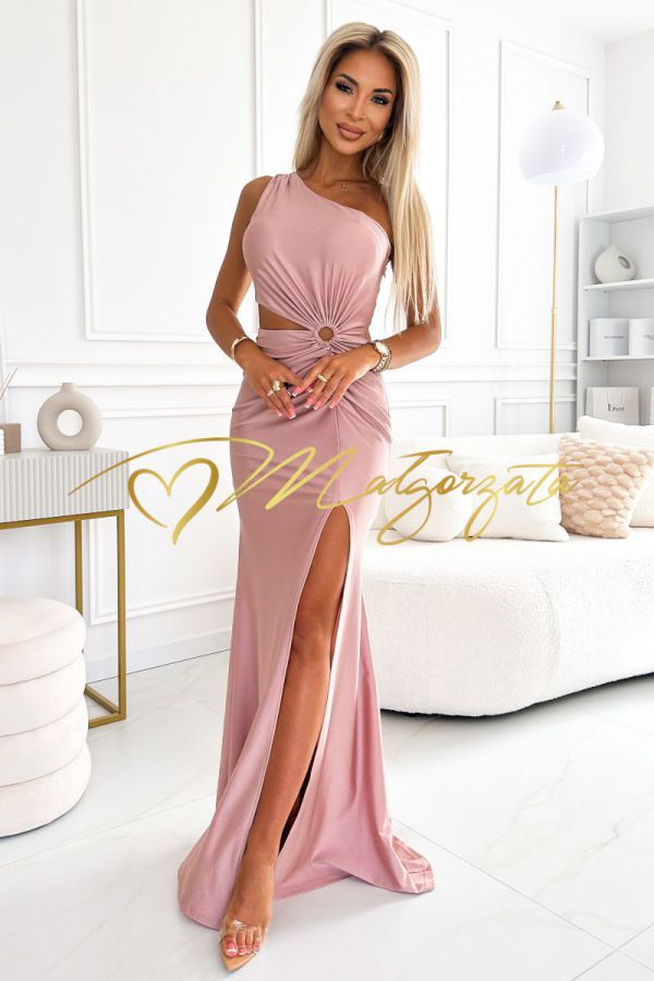 Różowa długa sukienka na jedno ramię z wycięciem - Leandra
