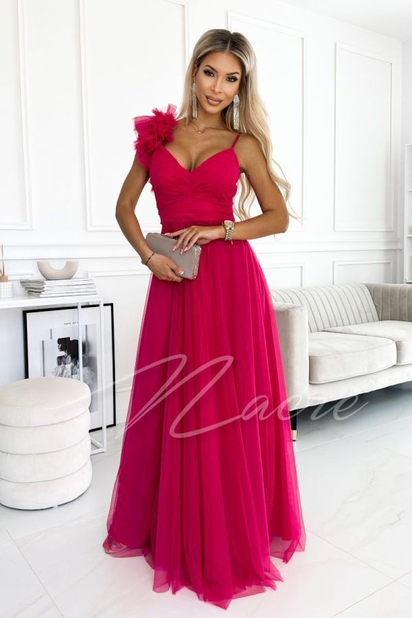 Fuchsia long tulle flared dress for wedding - Freya
