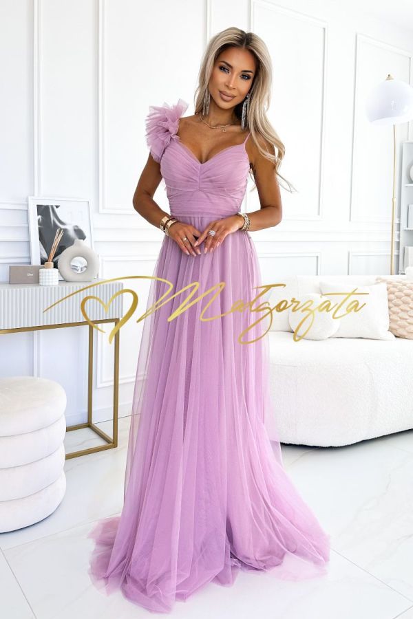 Różowa długa tiulowa sukienka rozkloszowana na wesele - Freya