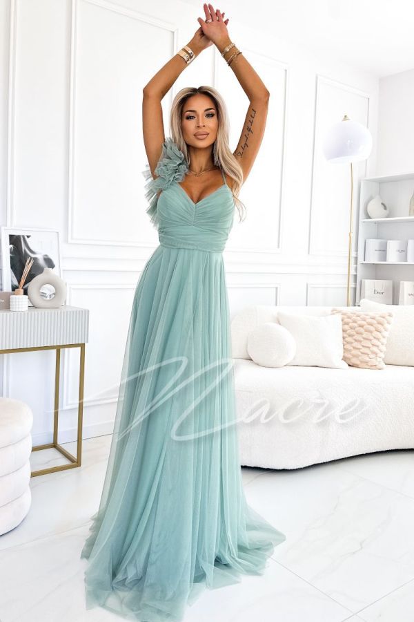 Pistachio green long tulle flared dress for wedding - Freya