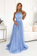 Blue tulle maxi dress with built-in neckline - Olaya