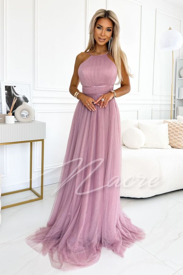 Pink tulle maxi dress with built-in neckline - Olaya