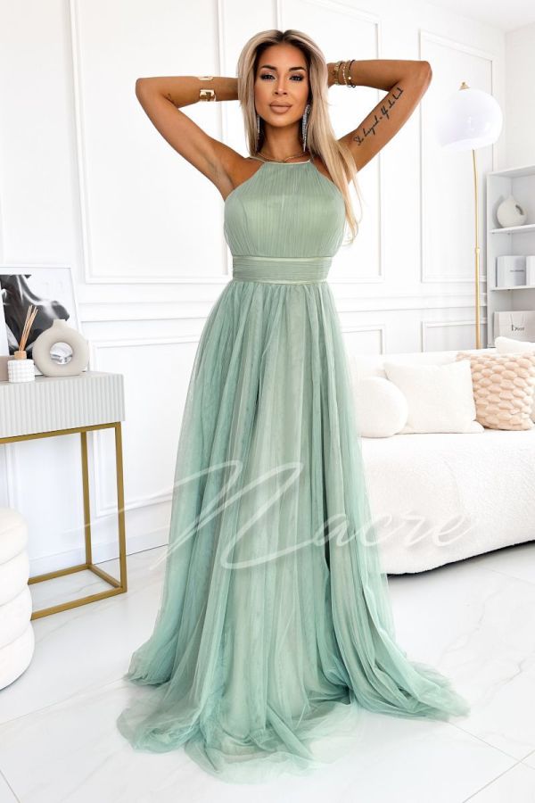 Mint tulle maxi dress with built-in neckline - Olaya
