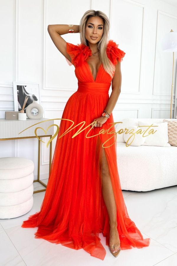 Pomarańczowa tiulowa sukienka maxi z dekolotem na plecach - Nuri