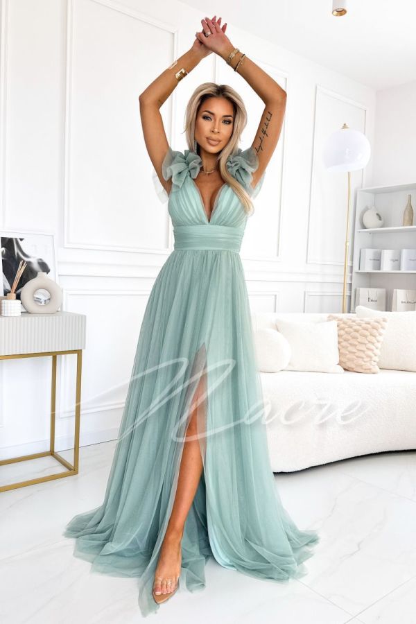 Pistachio green tulle maxi dress with back neckline - Nuri