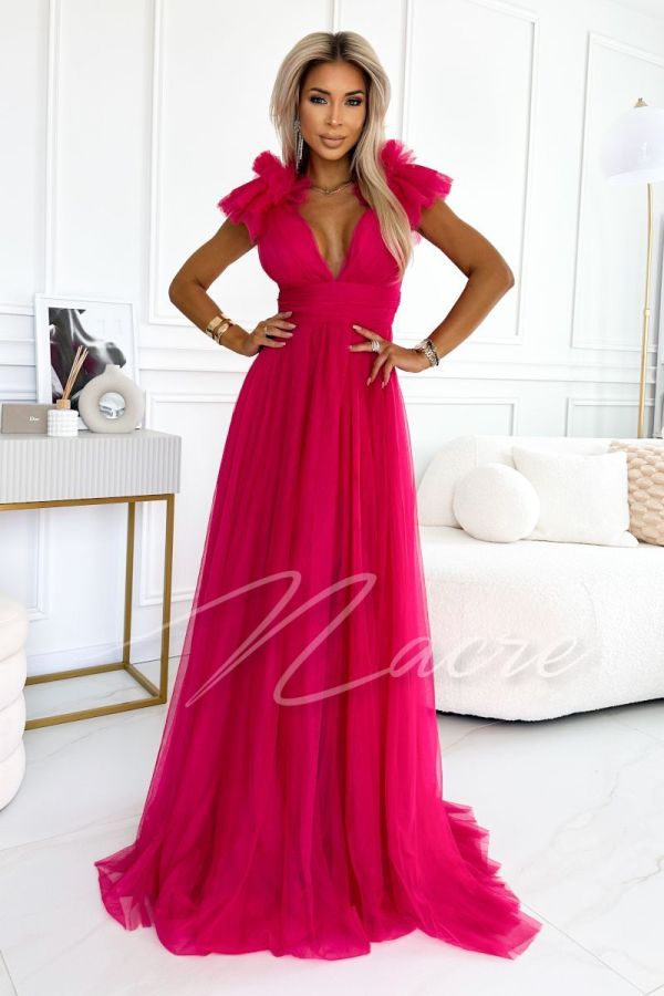Fuchsia tulle maxi dress with back neckline - Nuri
