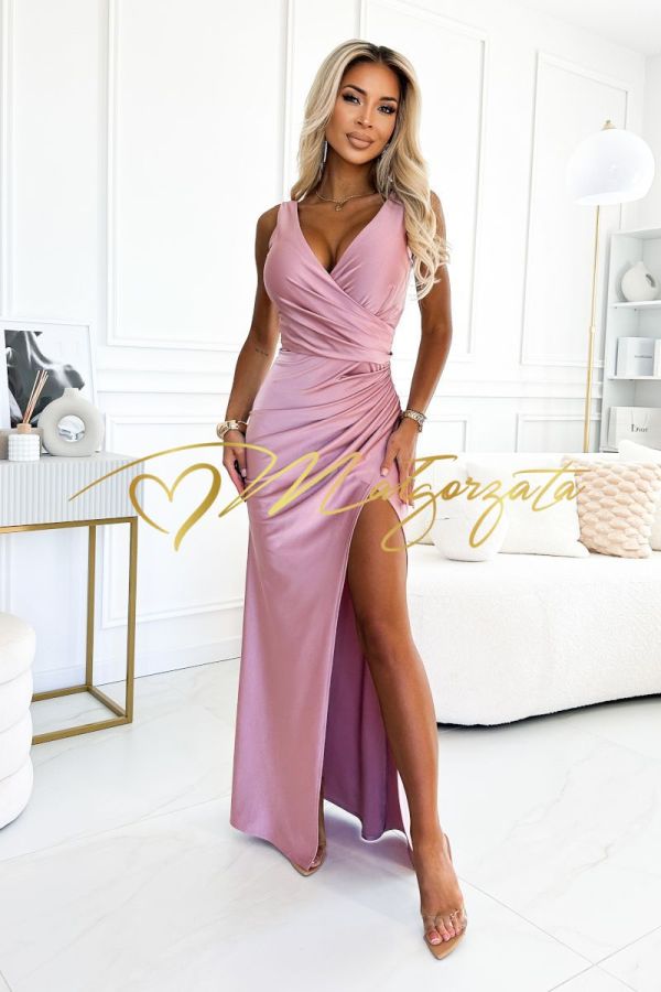 Karmen - sukienka na szerszym ramiączku maxi brokatowa różowa