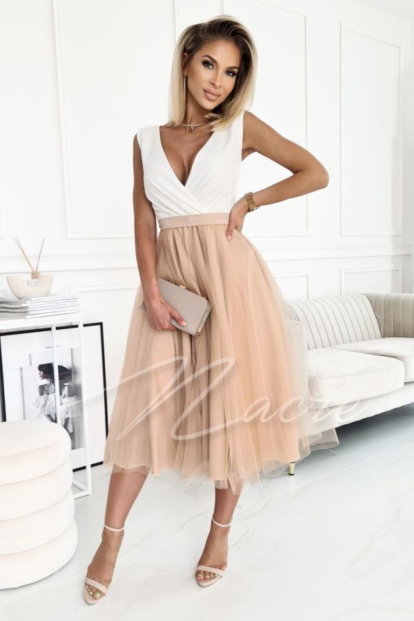 Midi dress with tulle and envelope neckline nude - Melissa