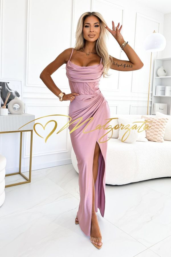Sukienka na cienkich ramiączkach maxi z dekoltem woda różowa - Lexy