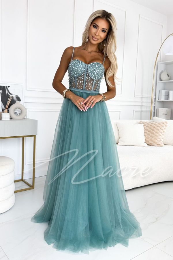Pistachio tulle dress with stone-embellished bodice - Olivia
