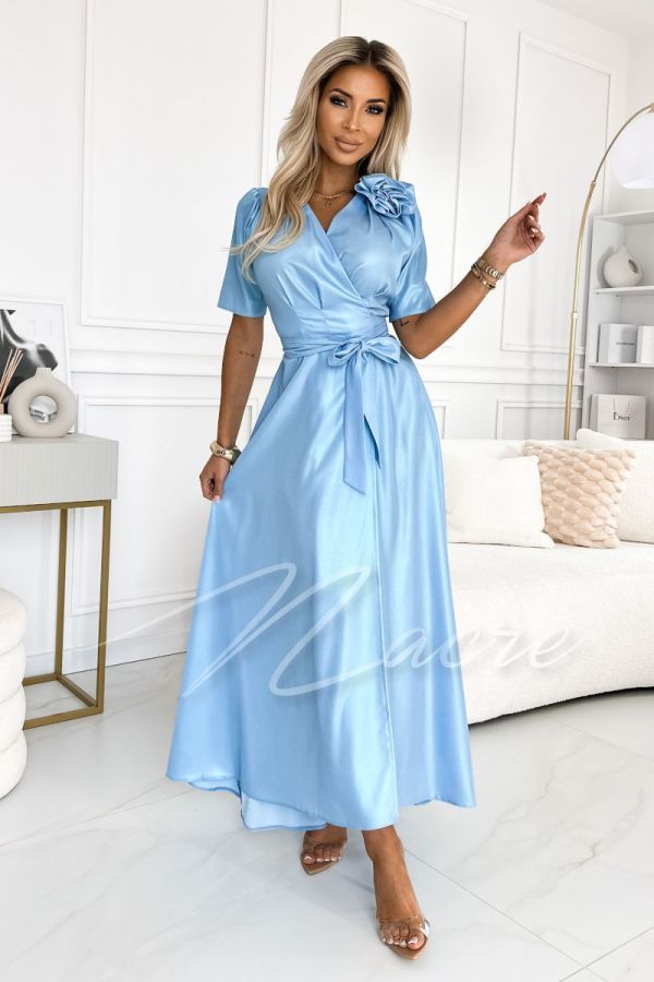 Envelope maxi dress with short sleeves and attached rose blue - Luma
