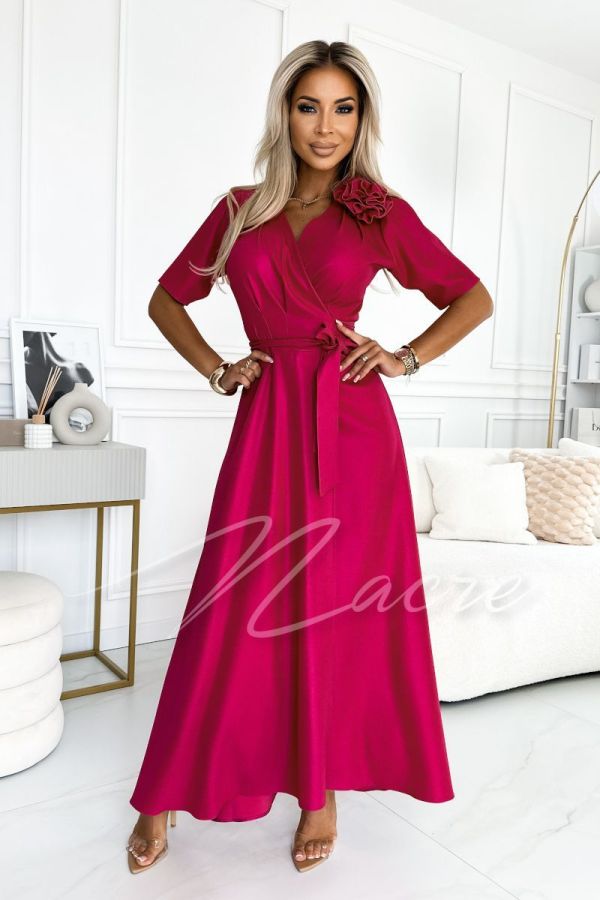 Envelope maxi dress with short sleeves and attached rose fuchsia - Luma