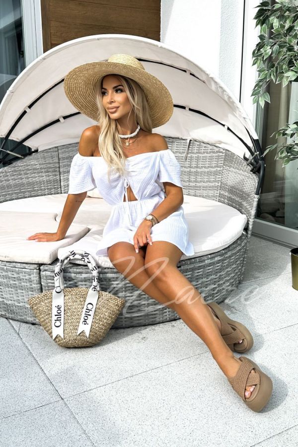 Muslin short dress with a striking neckline white - Marika
