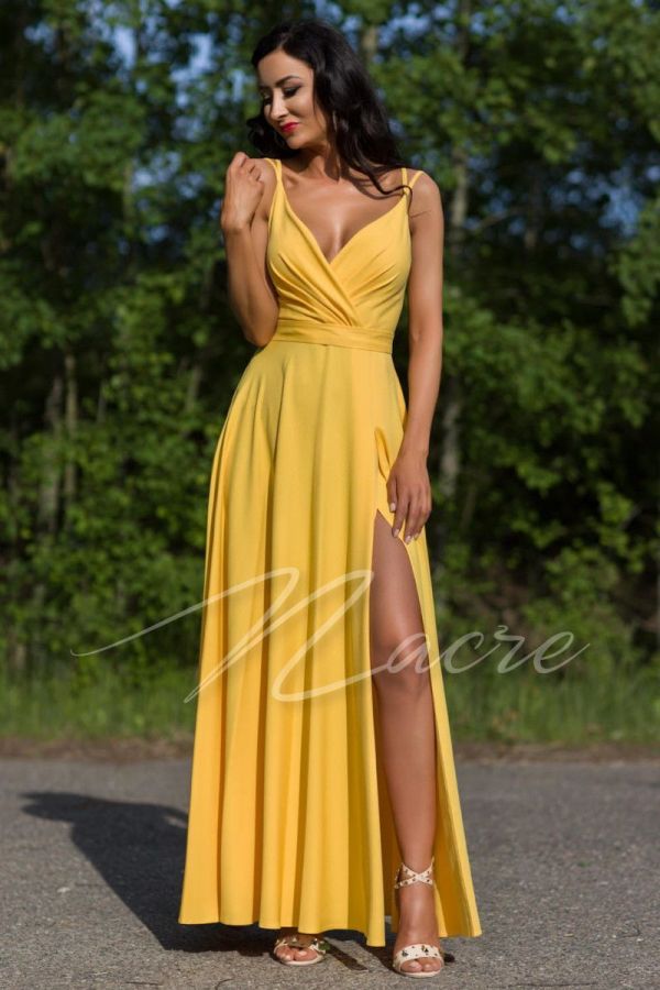Yellow long plain dress on thin straps with envelope neckline - Julia