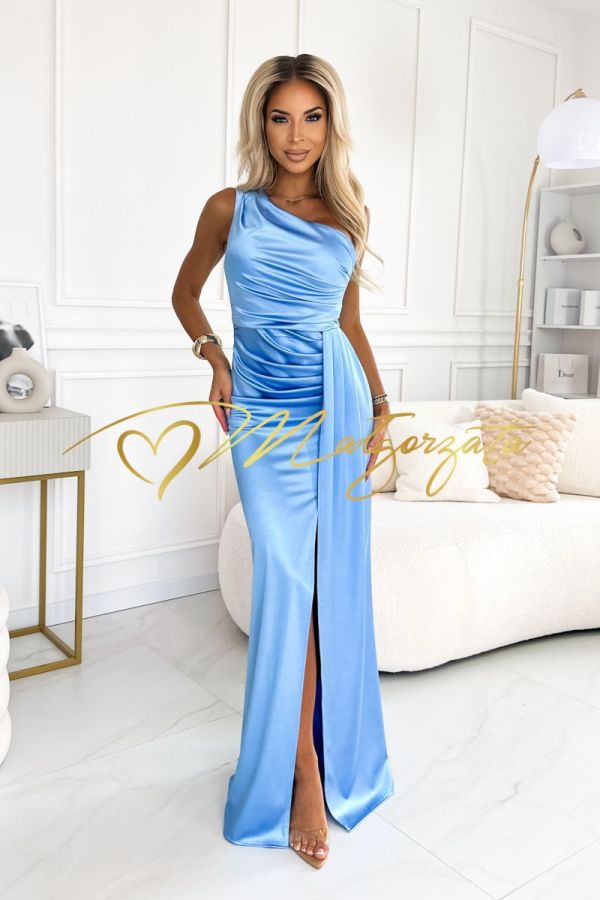 Sukienka satynowa asymetryczna długa błękitna - Loren