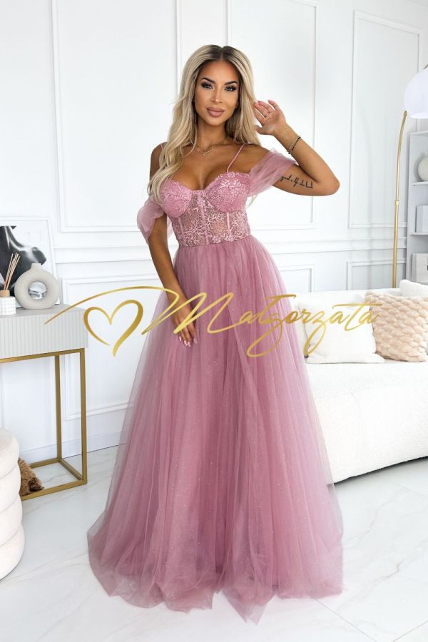 Sukienka gorsetowa tiulowa długa z opuszczanymi ramionami różowa - Milagros