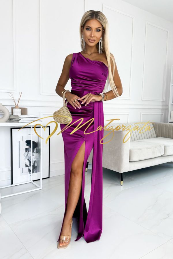 Sukienka satynowa asymetryczna długa magenta - Loren