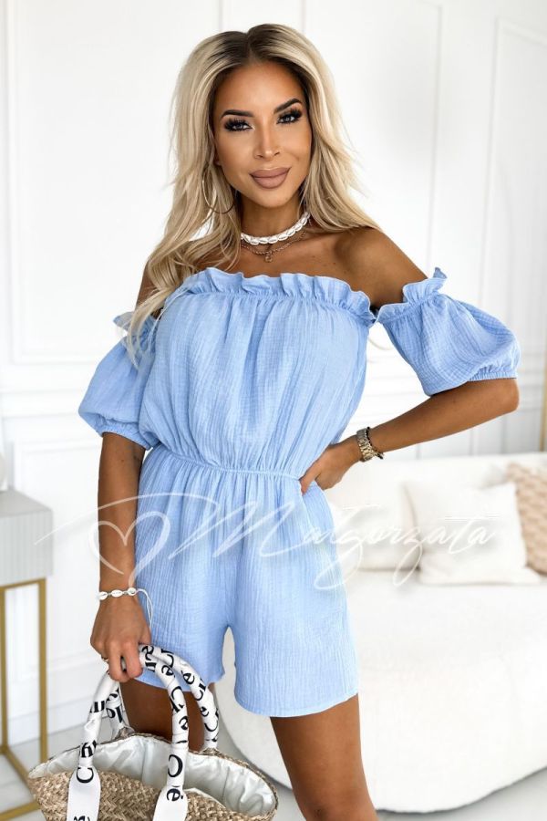 Blue women's muslin jumpsuit with buffets - Francesca