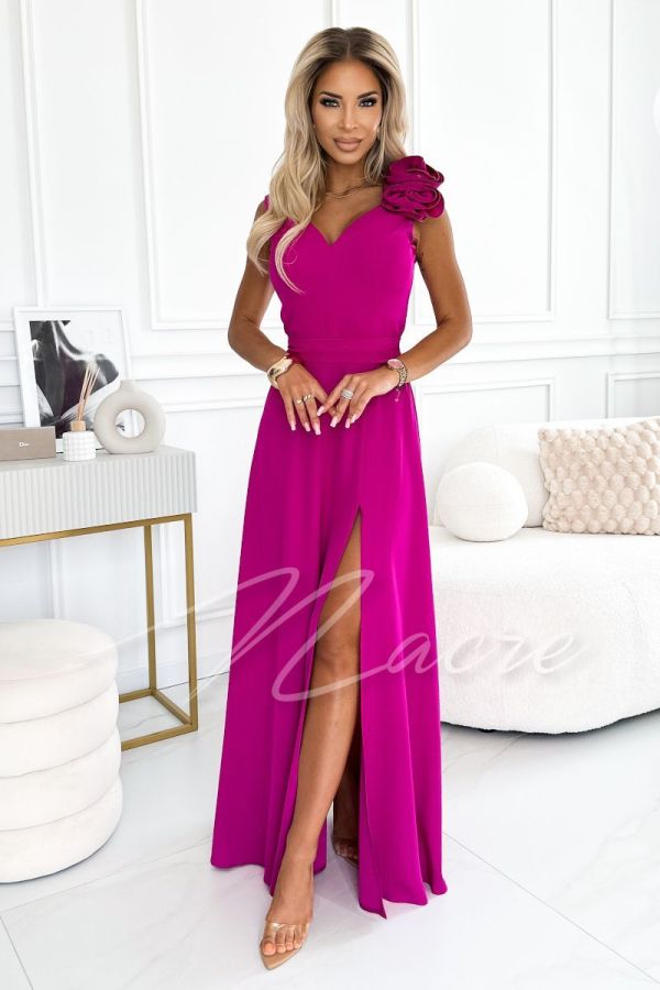 Fuchsia long dress with a flower on a wider shoulder strap flared - Anabel
