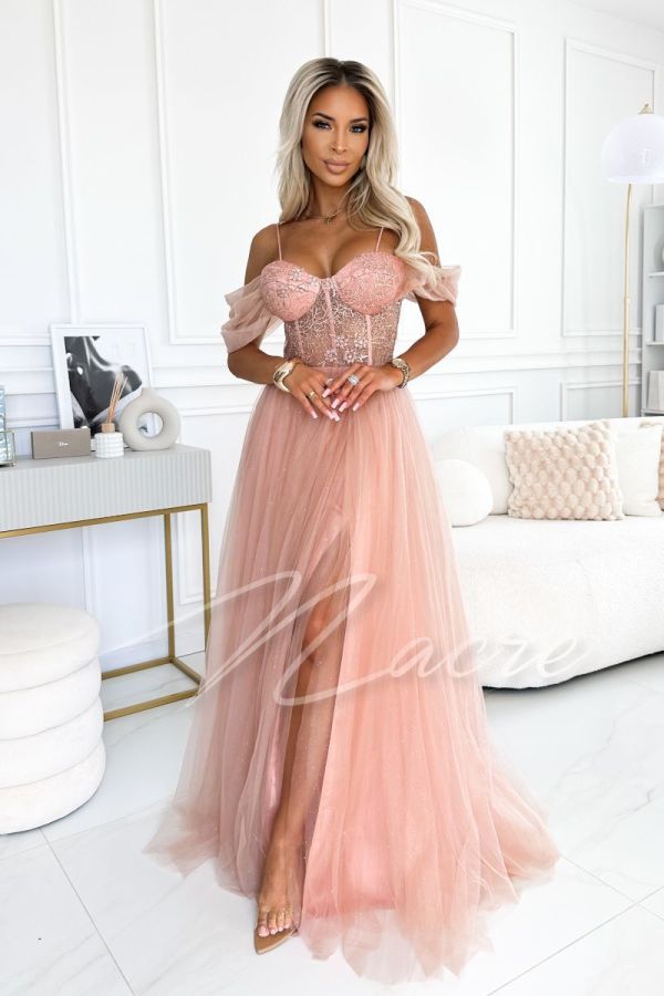 Corset tulle long dress with drop shoulders nude - Milagros