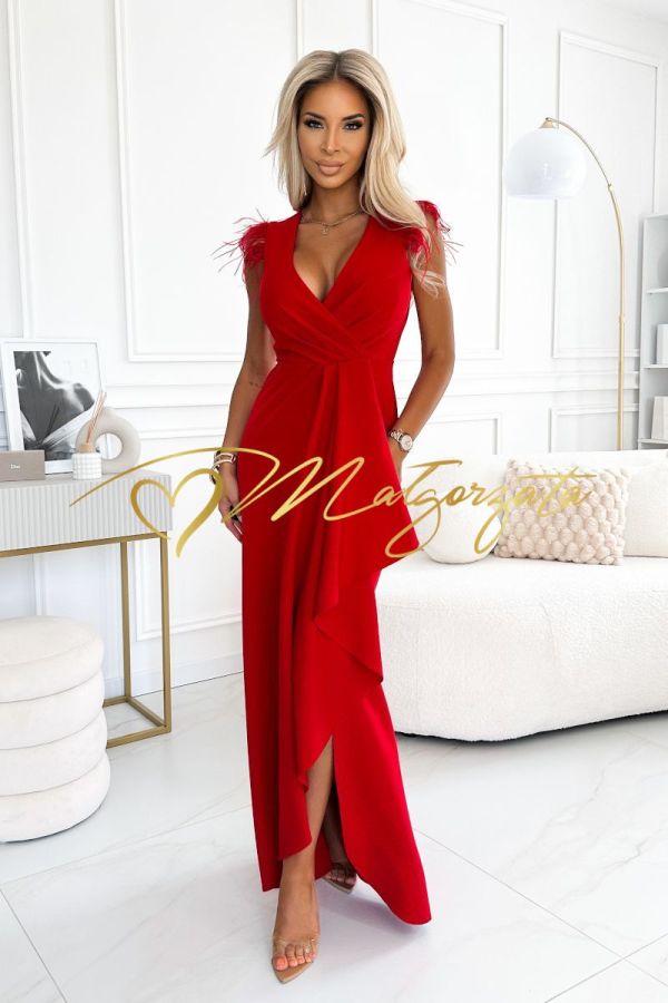 Czerwona sukienka maxi kopertowa z piórami - Nora