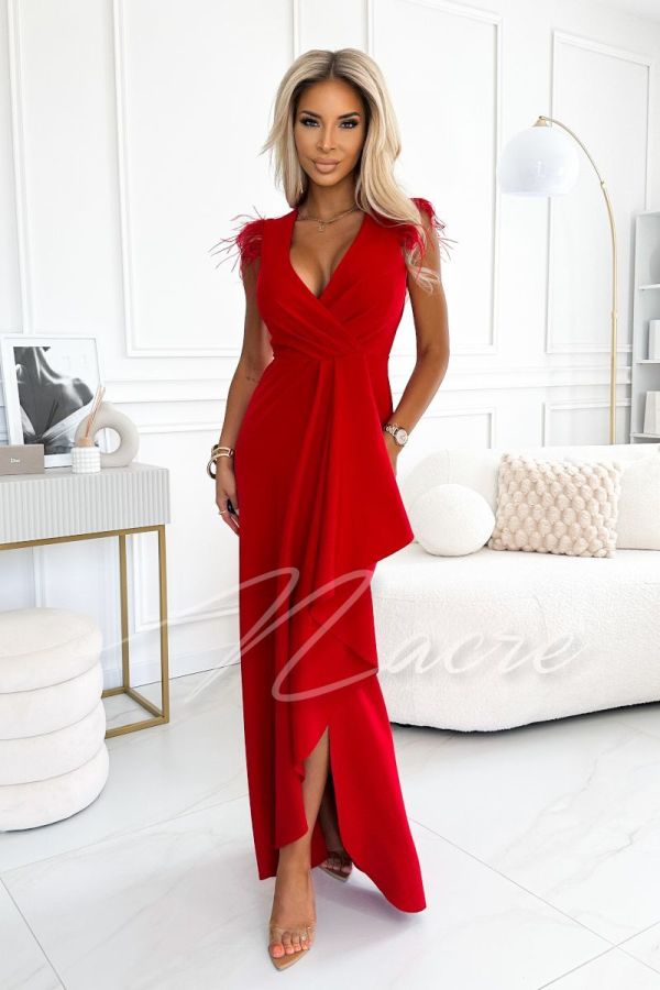 Red feathered maxi envelope dress - Nora