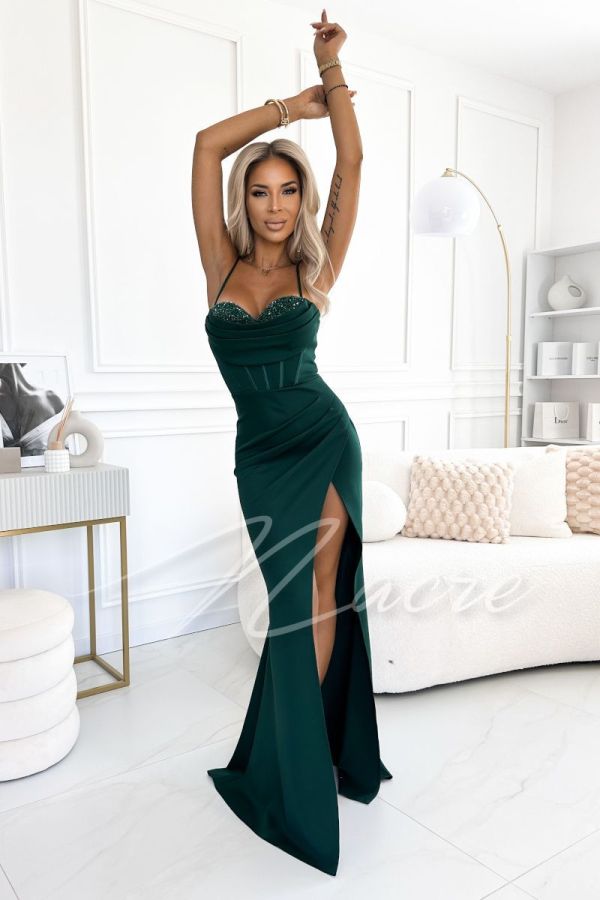 Green fishnet cut dress with zirconia neckline - Monica