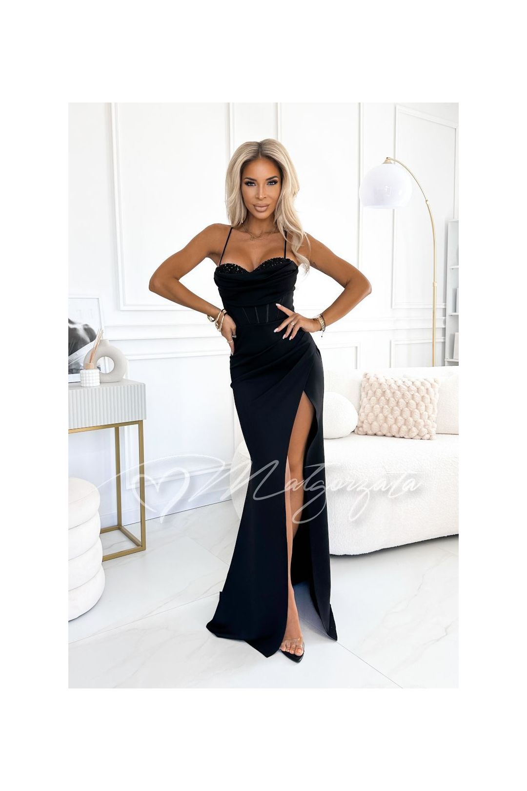 Black fishtail cut dress with zirconia neckline - Monica Margaret Black fishtail cut dress with zirconia neckline - Monica Margaret