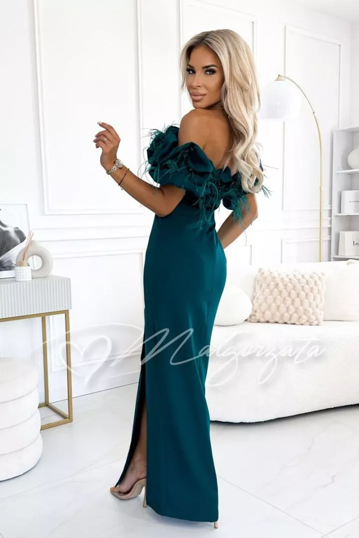 Green dress with Spanish neckline with feathers - Cloe  Margaret