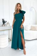 Green one-shoulder flared dress with flower - Kora