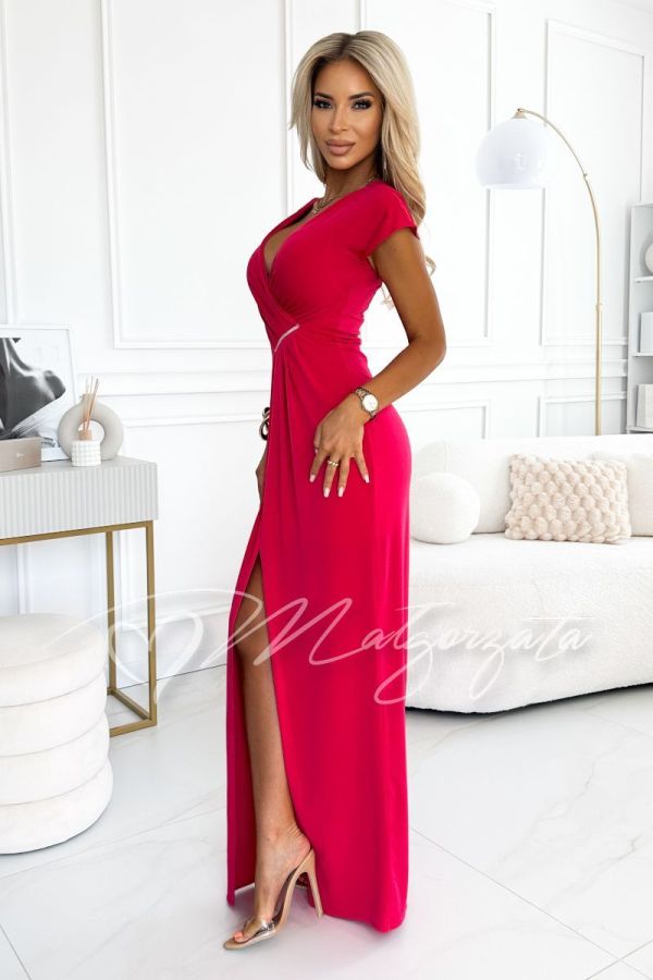Raspberry maxi dress with draping to mask imperfections - Melania