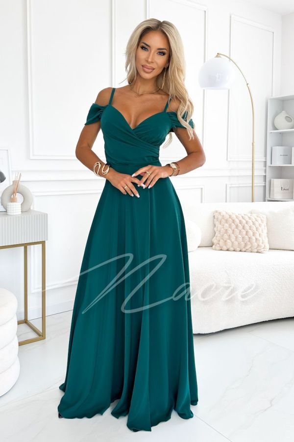 Green flared maxi dress with dropped shoulders - Willow
