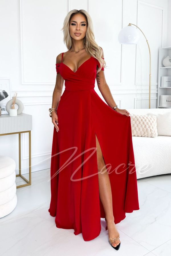Red flared maxi dress with dropped shoulders - Willow
