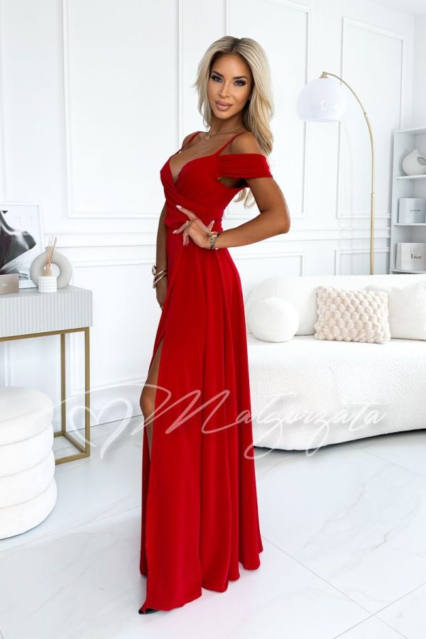 Red flared maxi dress with dropped shoulders - Willow