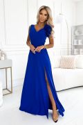 Cornflower long dress with a flower on a wider shoulder strap flared - Anabel